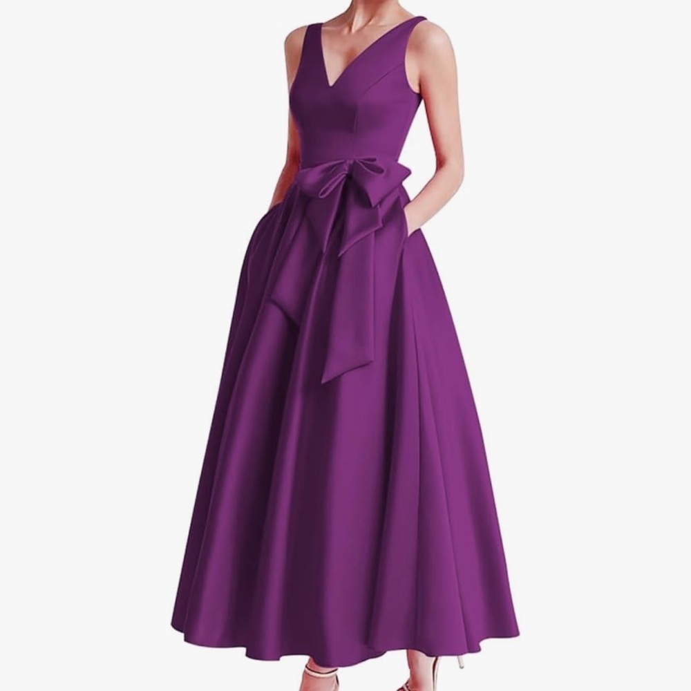 Miss Veil Plum Satin Tea Length Dress Sleeveless A Line Bow Accent Waist Size 8
